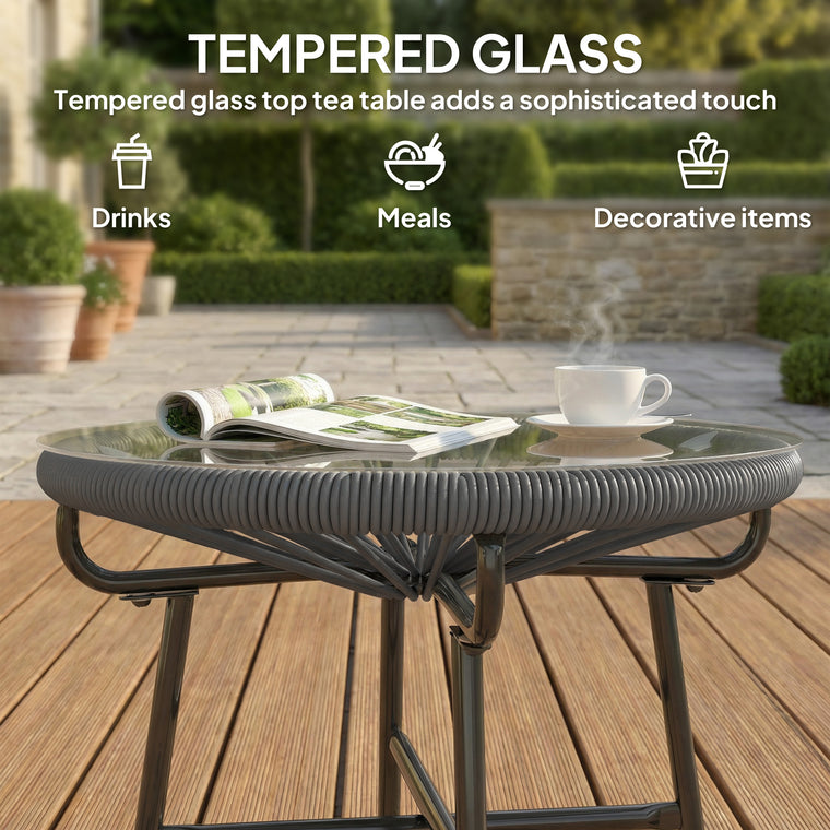 Round PE Rattan Side Table with Tempered Glass Top