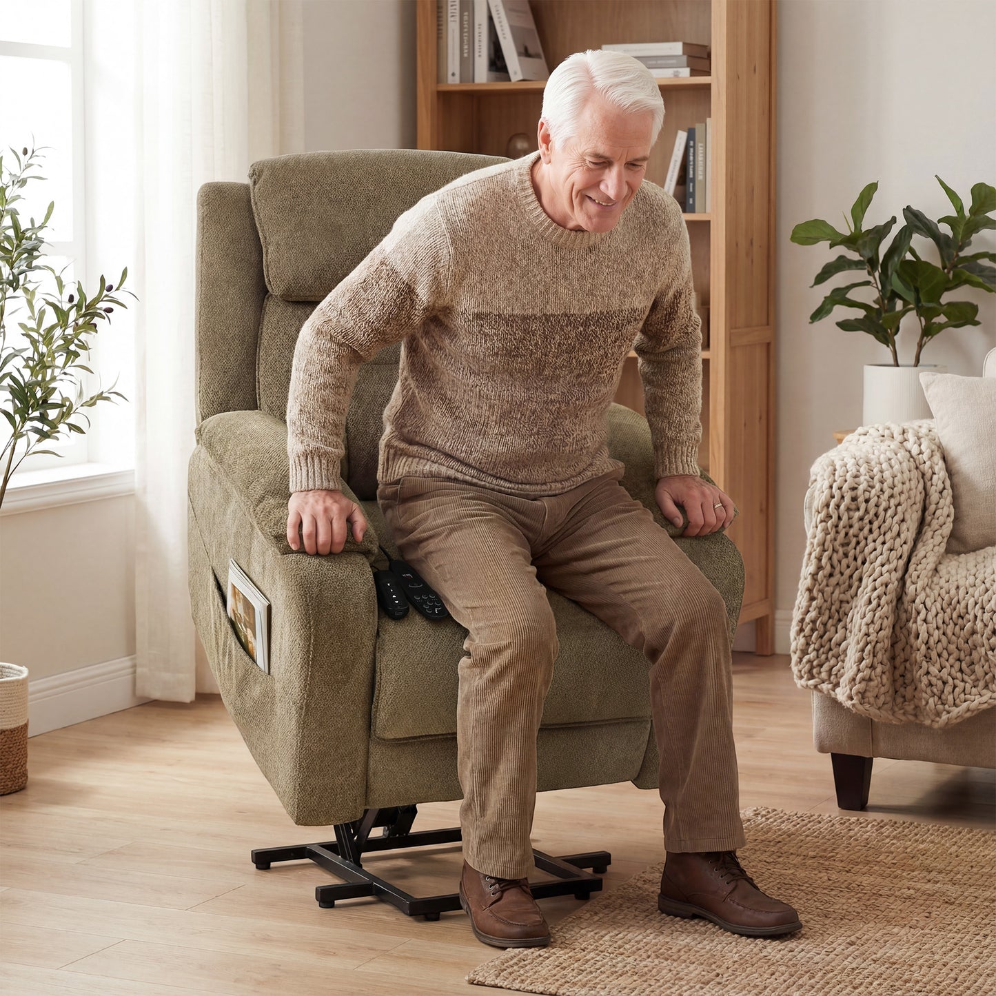 Power Recliner Chair with Massage, Electric Lift Chair for Elderly with Side Pockets, 2 Memory Positions, Remote, Brown