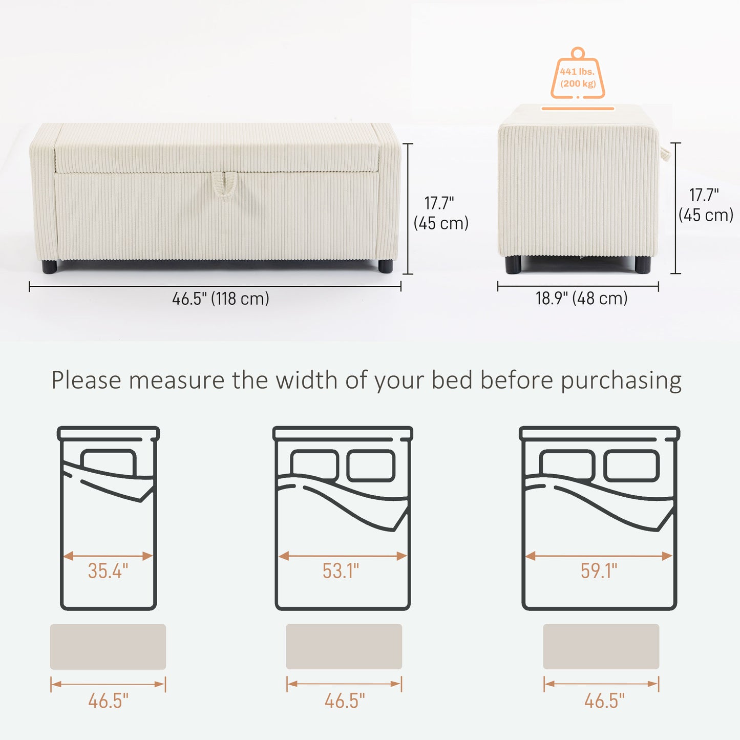 Storage Ottoman, Upholstered Corduroy End of Bed Bench with Thick Padding, Storage Bench for Bedroom, Beige