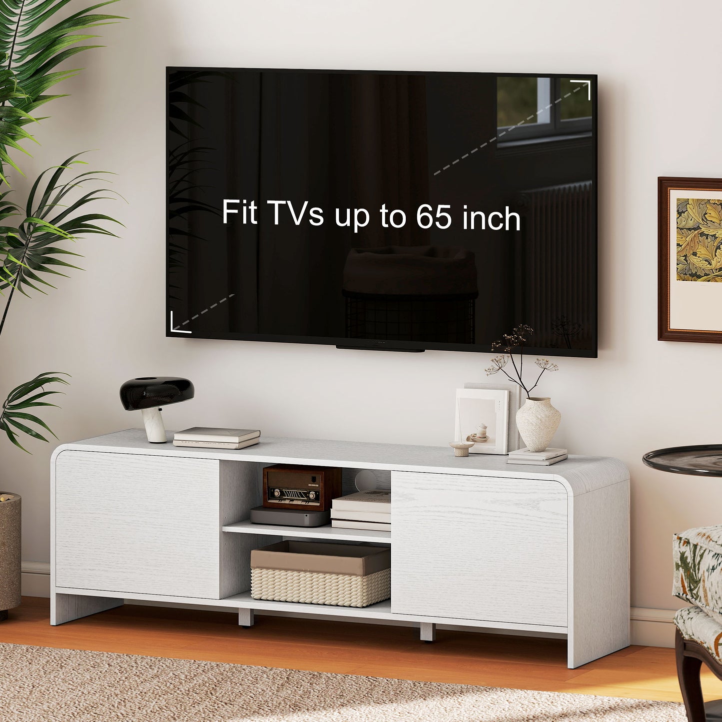 TV Stand for up to 65 Inch TV, Nordic Entertainment Center with 2 Cabinets and 2 Open Shelves for Living Room, White
