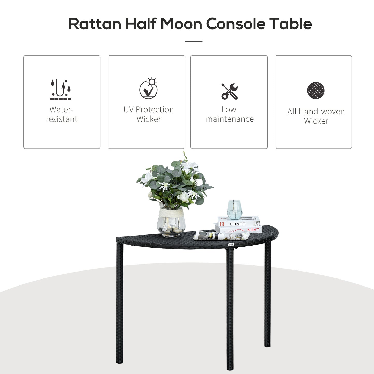Half Round Side Table, PE Rattan Coffee Table with Metal Frame for Patio, Garden, Balcony, Black