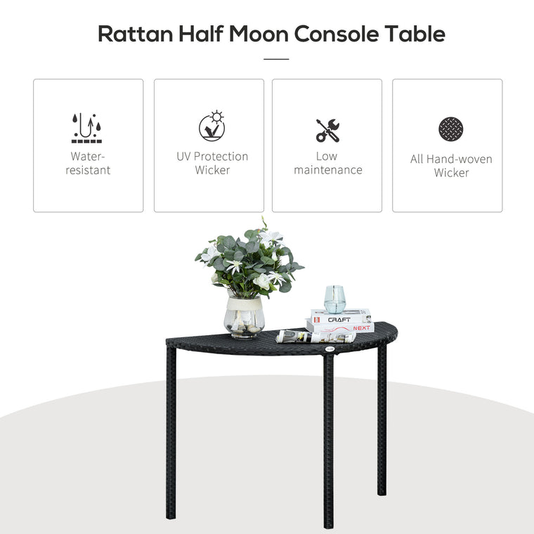 Half-Round PE Rattan Side Table with Metal Frame - Black