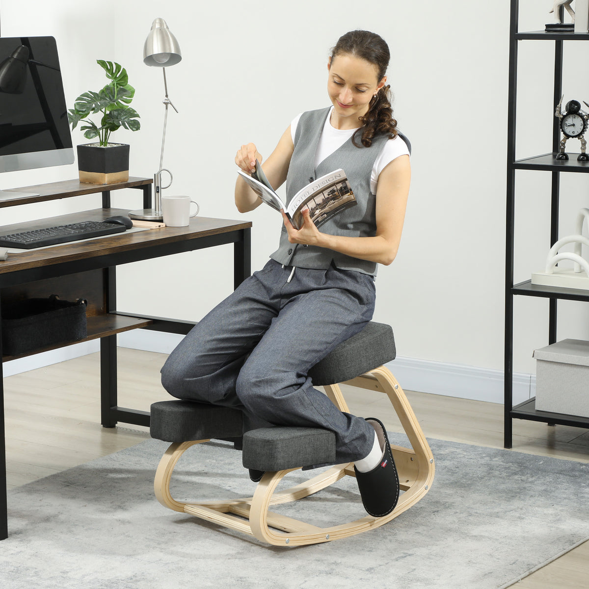 Ergonomic Kneeling Chair, Wood Kneel Stool with Thick Pads, Desk Knee Chair, Improve Posture, Dark Grey
