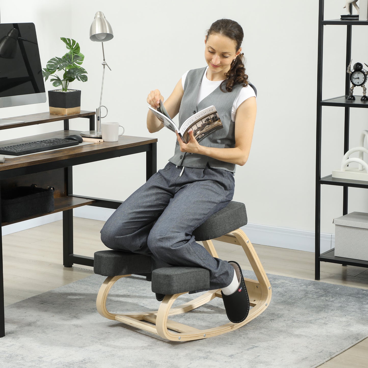 Ergonomic Kneeling Chair, Wood Kneel Stool with Thick Pads, Desk Knee Chair, Improve Posture, Dark Grey