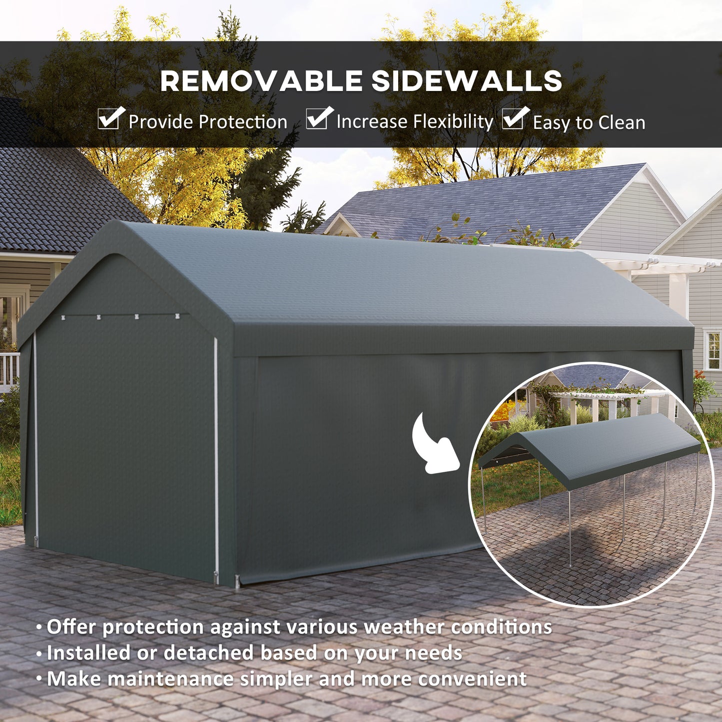 Carport, 10 x 20 ft Portable Garage with 2 Roll-Up Doors and Removable Sidewalls for Car, Truck, Boat, Dark Grey
