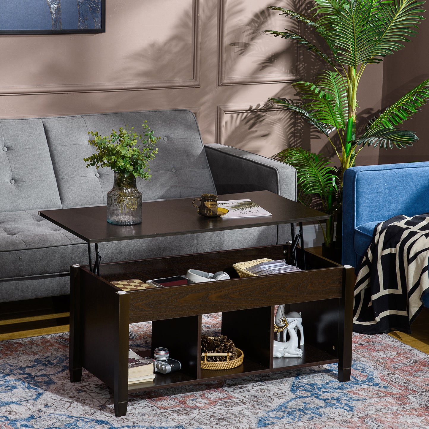 Lift Top Coffee Table, Modern Center Table with Storage Shelves and Hidden Compartment for Living Room, 41" L, Espresso