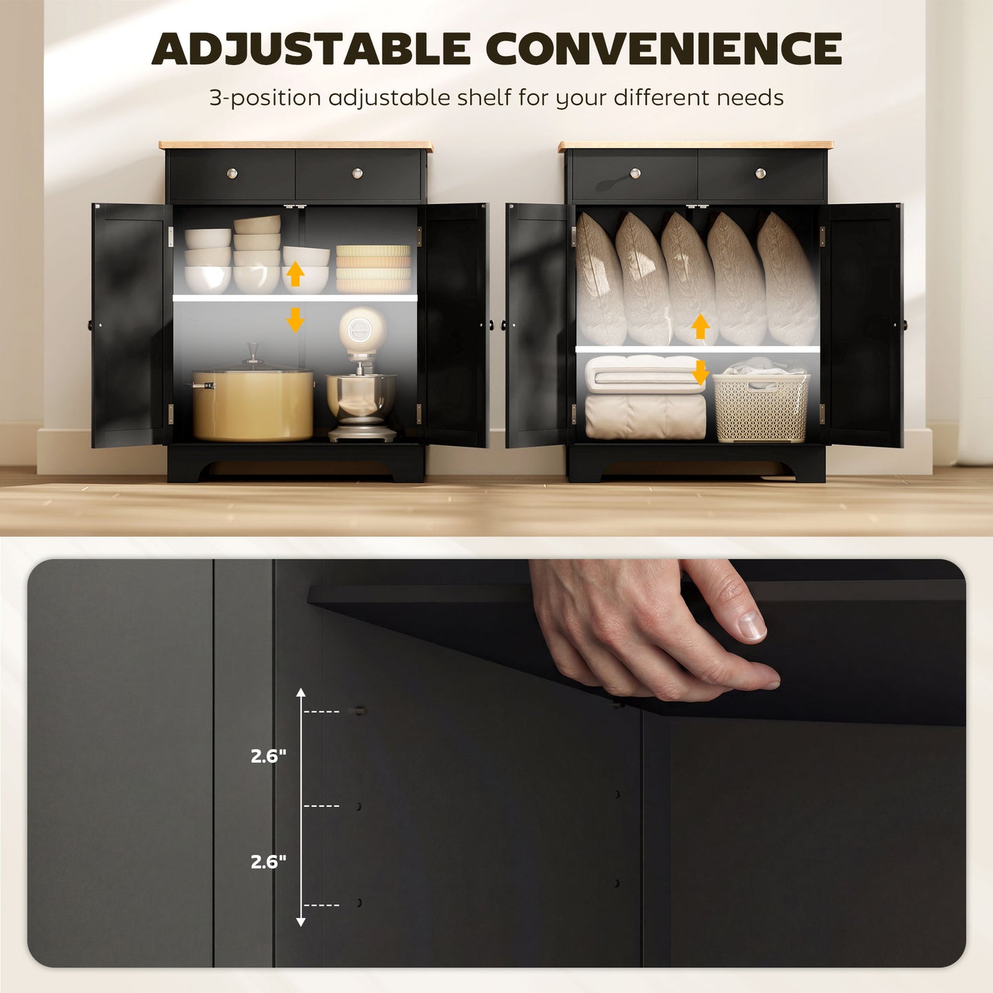 Sideboard Buffet Cabinet with Storage, 27" Kitchen Cabinet with Adjustable Shelf, 2 Drawers and 2 Doors, Coffee Bar Cabinet with Rubberwood Tabletop, Black