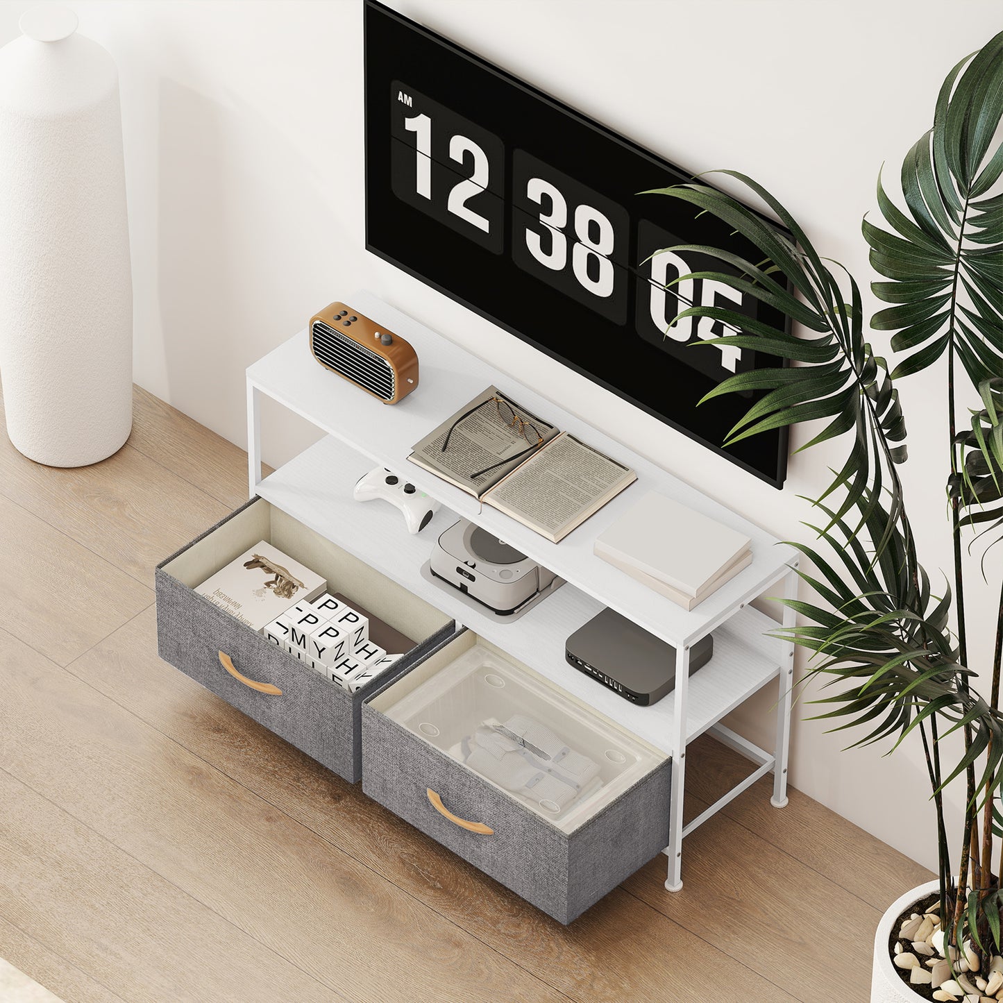 TV Stand with Charging Station, TV Table with 2 Foldable Linen Drawers and Open Shelf for 47 Inch Television, White