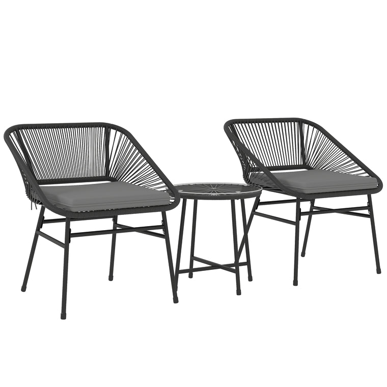 3-Piece Wicker Bistro Set with Glass Top Table - Black