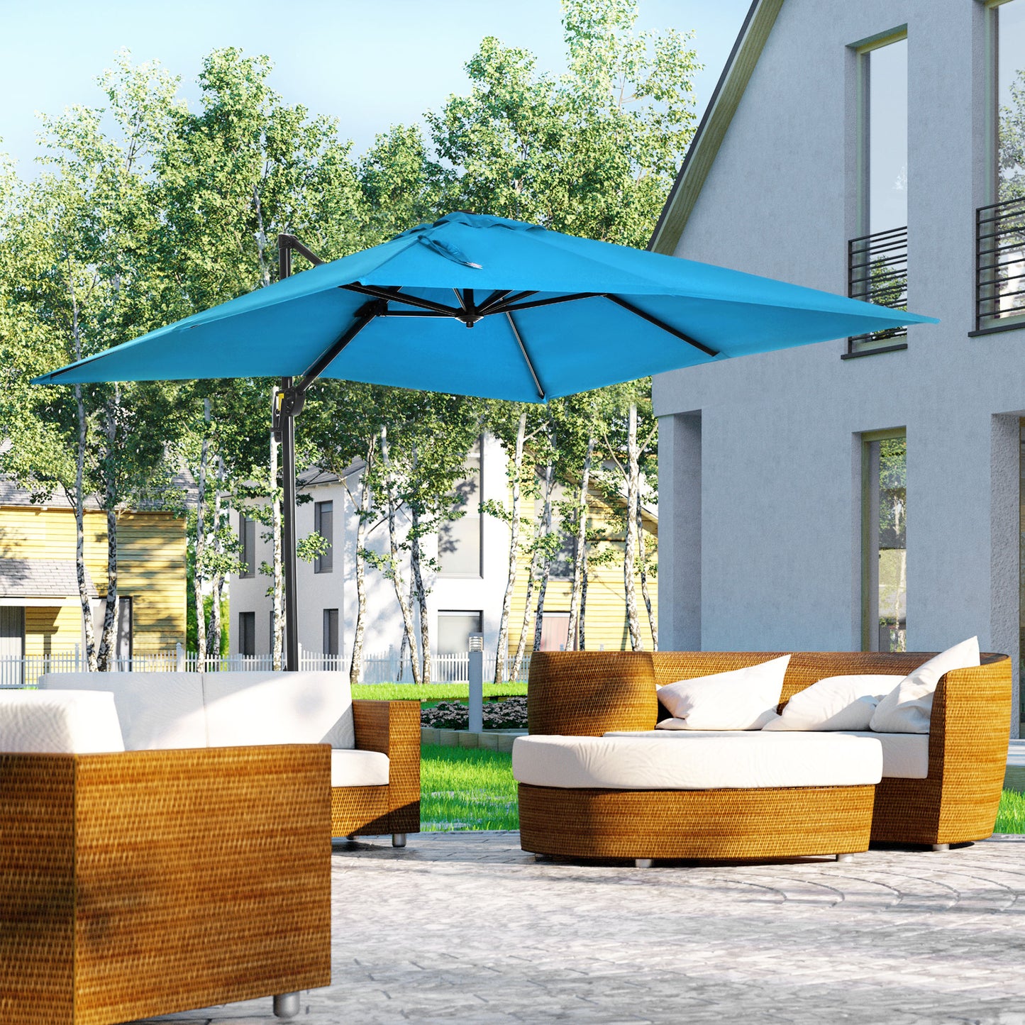 8' x 8' Square Patio Hanging Offset Umbrella with 360° Rotation, Aluminum Outdoor Cantilever Market Parasol, Turquoise