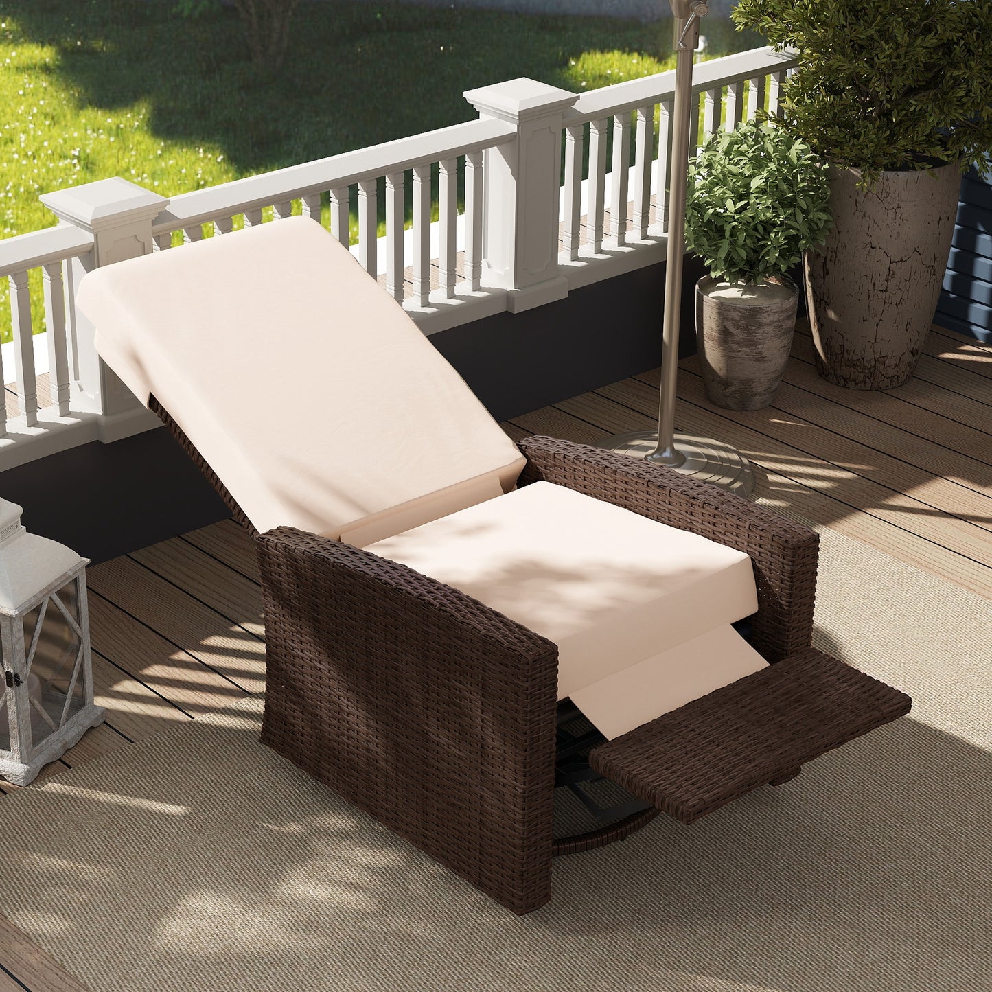Outdoor Rattan Wicker Lounge Chair with Footrest & Soft Cushion for Patio, Garden, Backyard, Cream White