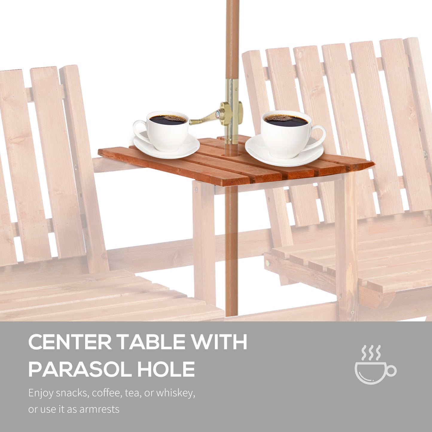 Garden Bench for 2 Persons with Middle Table and Umbrella Hole, 2-Seater Outdoor Wooden Bench with Slat Design, Orange