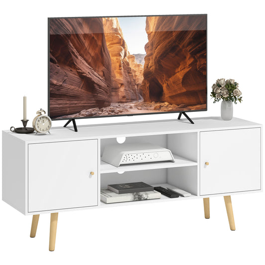TV Stand with Storage Shelves and Wood Legs - White
