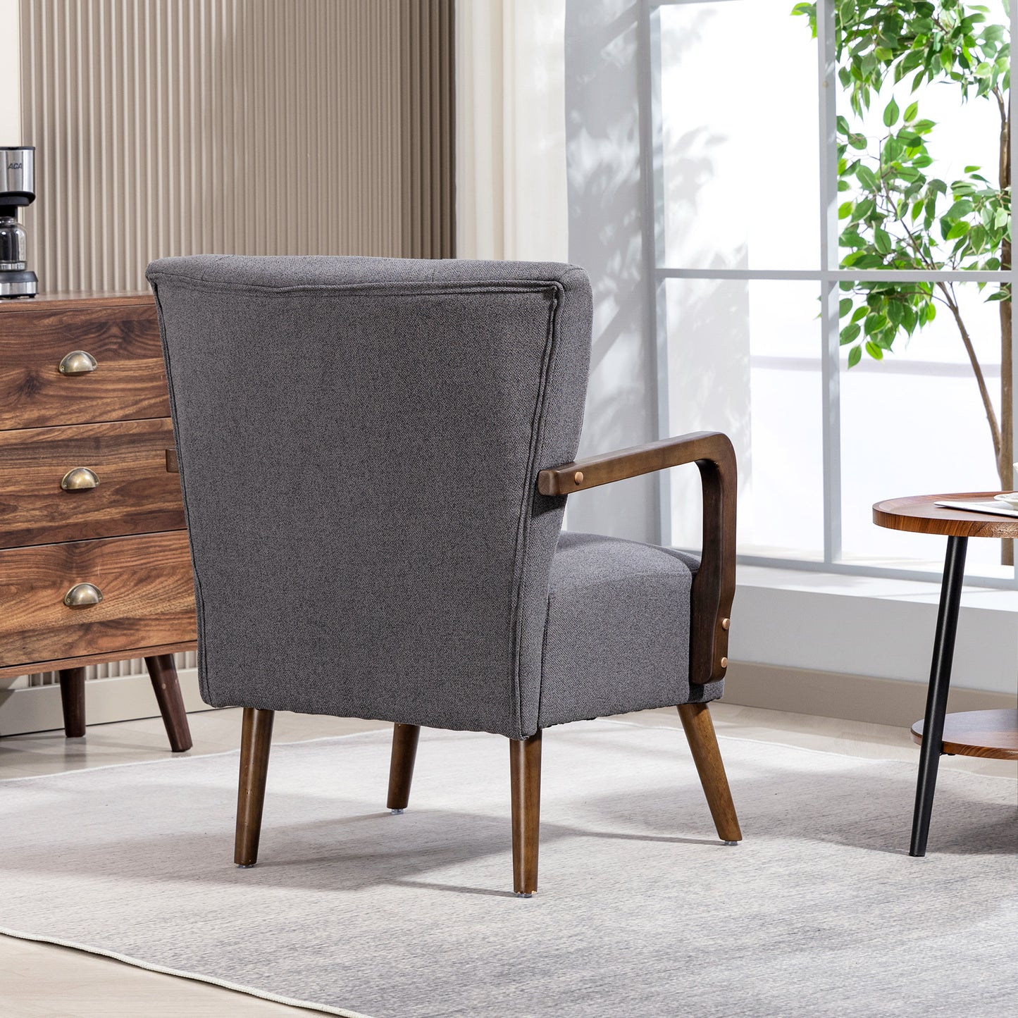 Accent Chair with Wooden Legs, Linen Fabric Armchair with Thick Padding, Comfy Chair for Living Room, Dark Grey