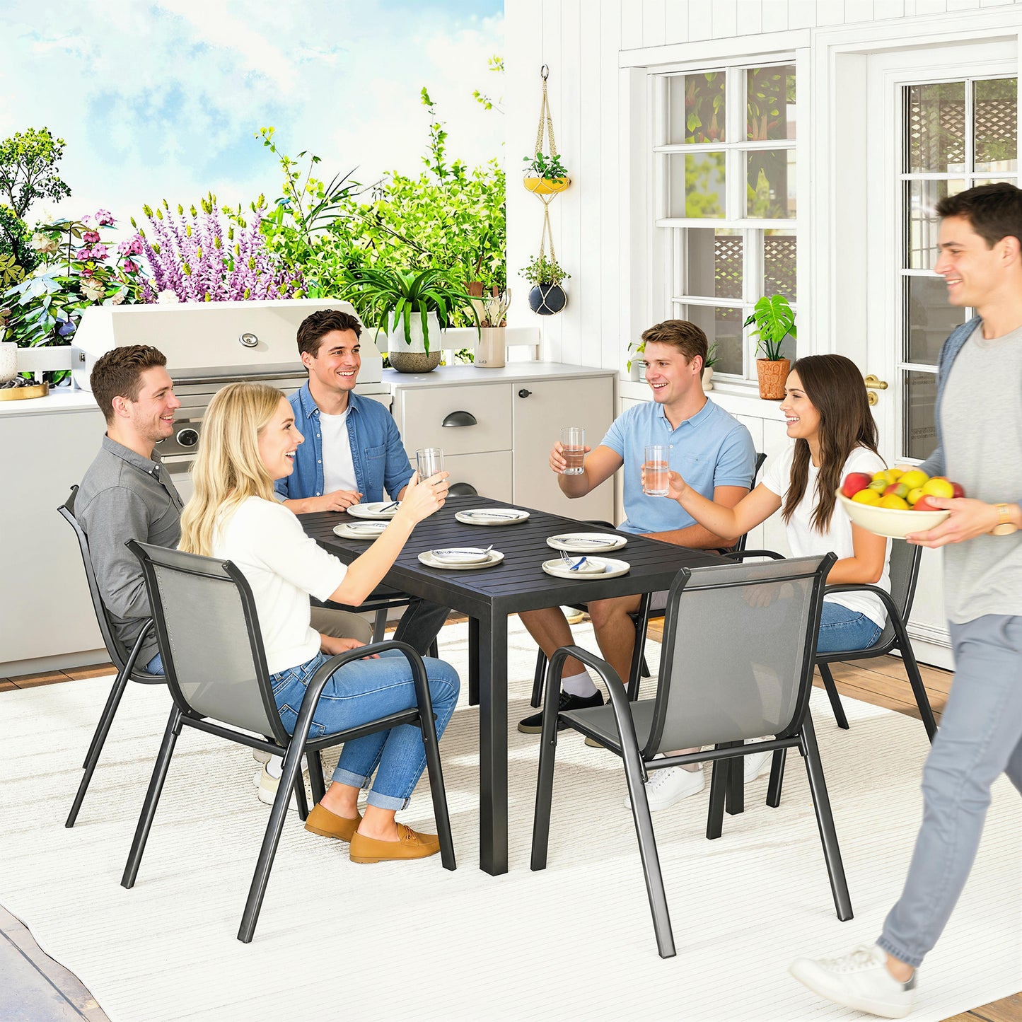 7 Pieces Outdoor Dining Set for 6, Patio Furniture Set with Rectangular Patio Table and Stackable Chairs, Light Grey