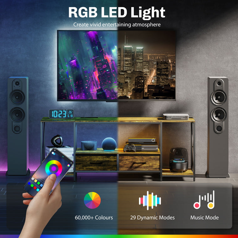 Industrial TV Stand with RGB LED Lights - Rustic Brown