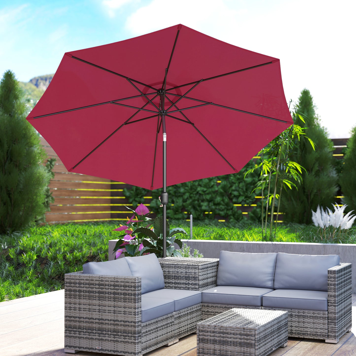 10' x 8' Round Market Umbrella, Patio Umbrella with Crank Handle and Tilt, Outdoor Parasol for Garden, Wine Red