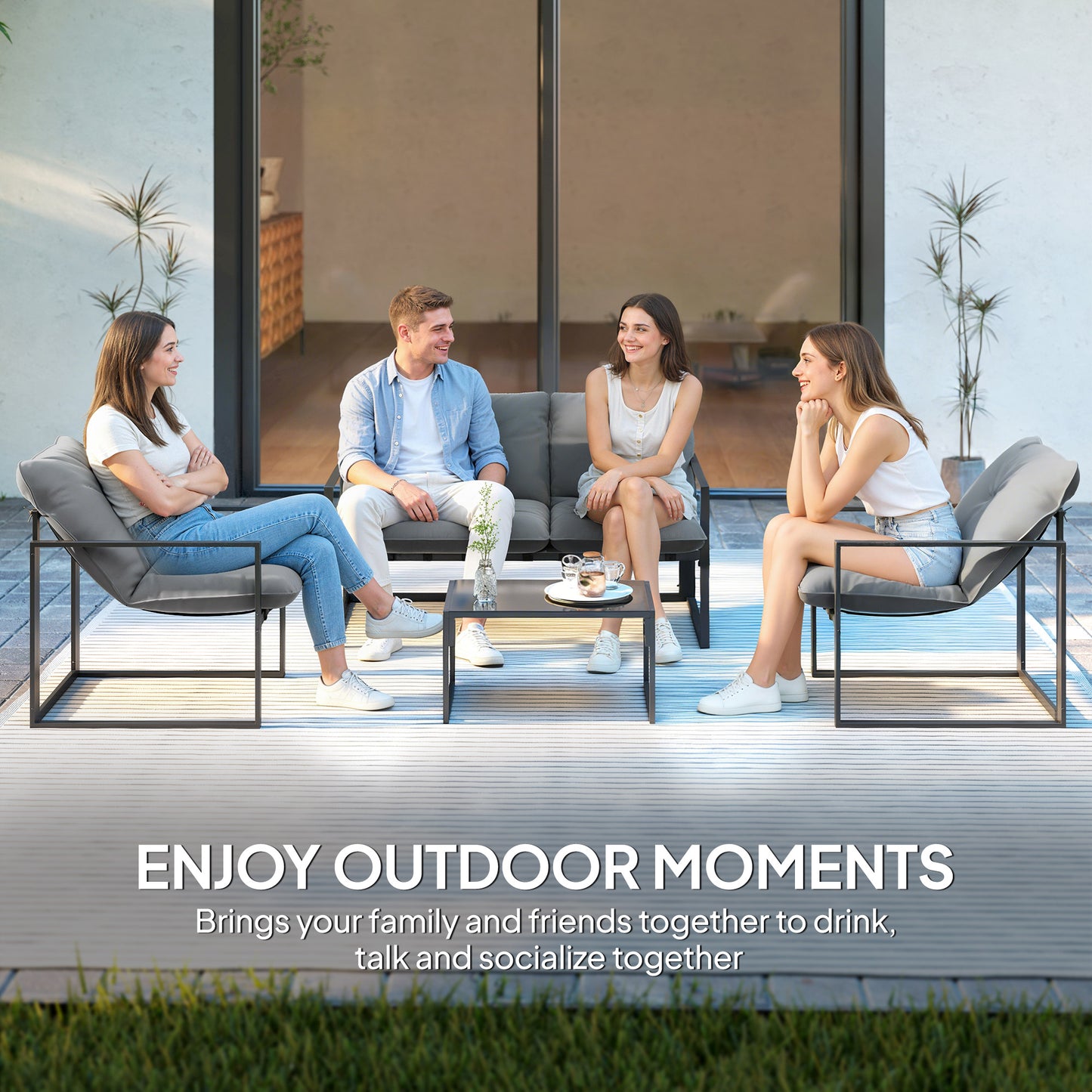 4 Piece Outdoor Furniture Set, Patio Conversation Set with Tempered Glass Table, Loveseat, Chairs, Cushions, Light Grey