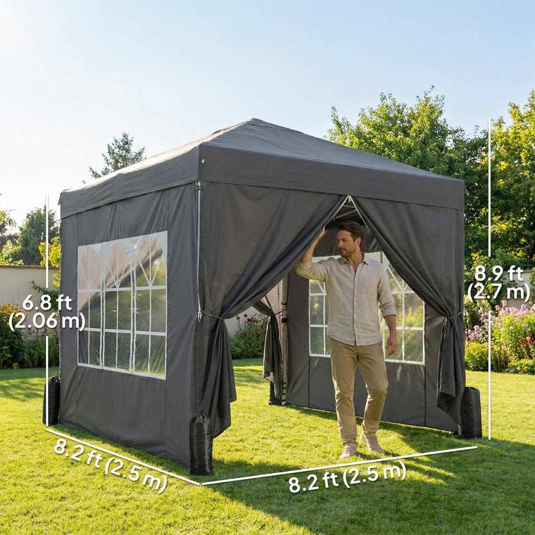 8.2' x 8.2' Dark Grey Pop-Up Canopy Tent with 4 Sidewalls