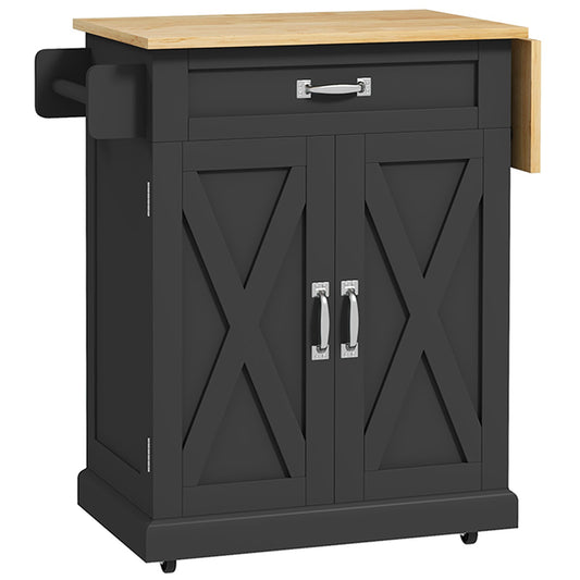 Foldable Rolling Kitchen Island with Drop-Leaf Top - Black