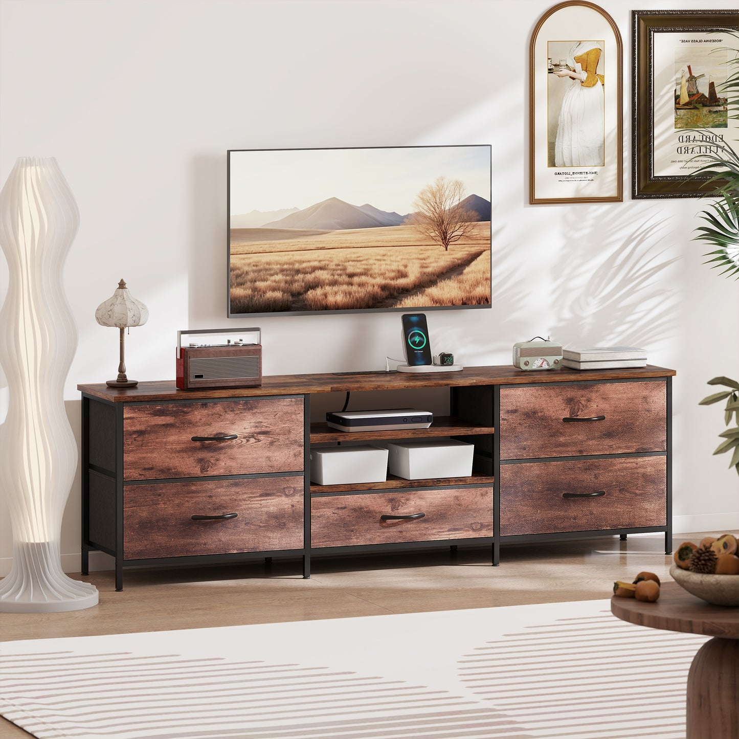 TV Stand for TVs up to 70 Inch, Industrial TV Console with Charging Station, 5 Drawers and Open Shelves, Rustic Brown