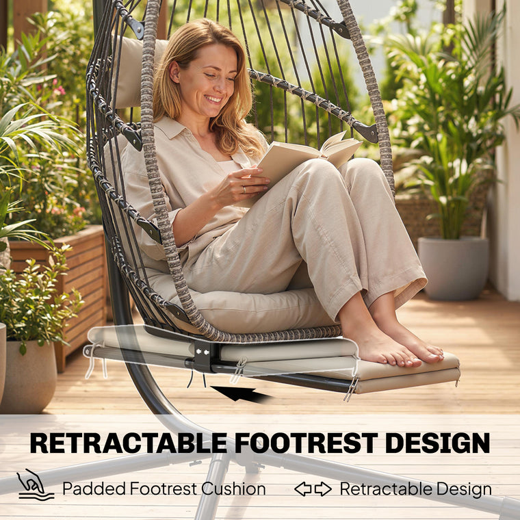 Hanging Egg Chair with Retractable Footrest and Metal Stand