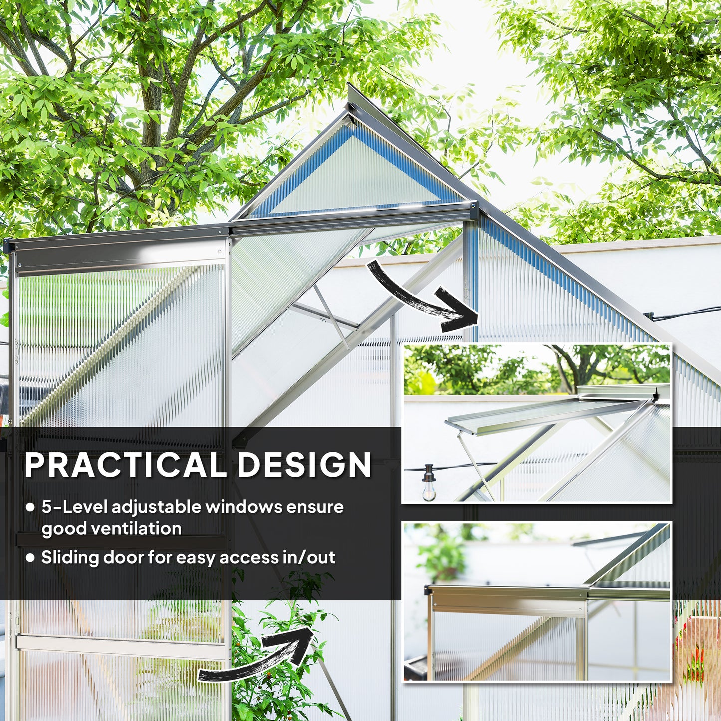 6' x 4' x 6.6' Walk-in Greenhouse, Polycarbonate Greenhouse with Adjustable Roof Vent, Base, Sliding Door, Clear