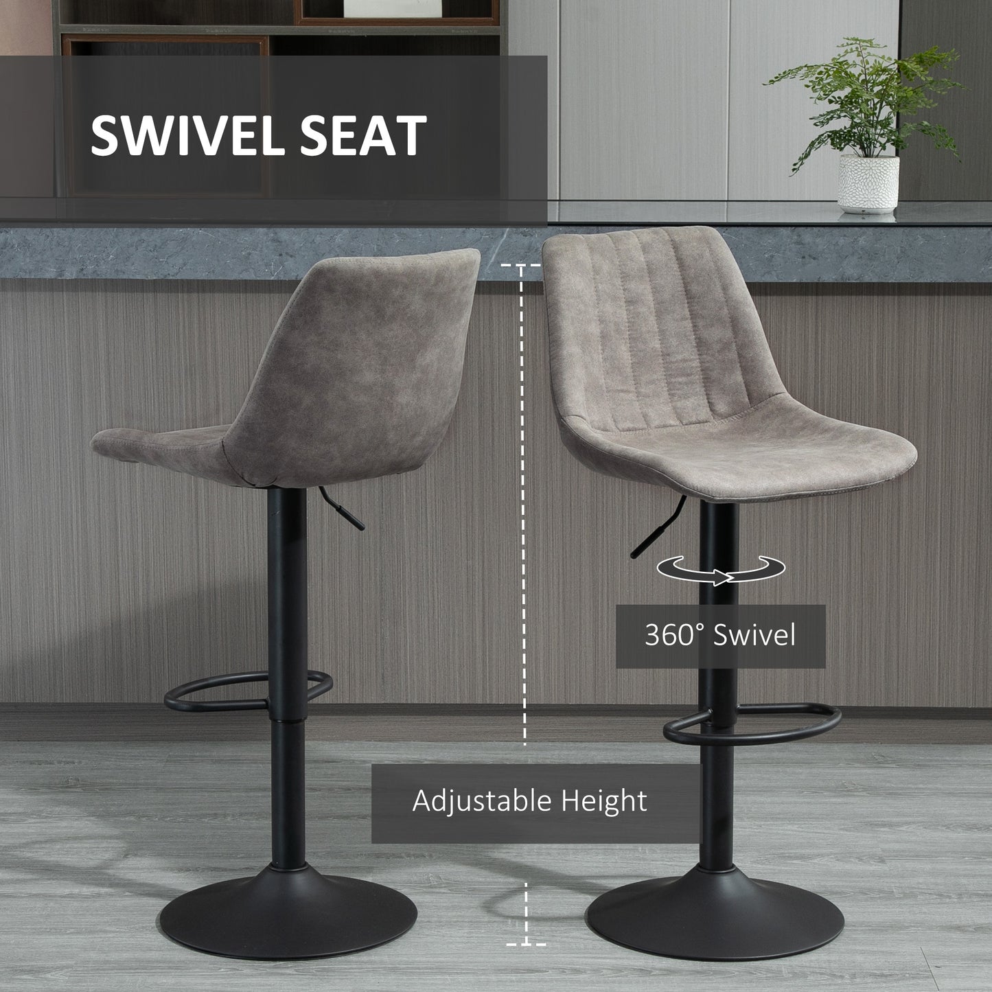 Adjustable Bar Stools Set of 2, Leathaire Swivel Barstools with Back and Footrest, Upholstered Bar Chairs for Kitchen, Dining Room, Home Pub, Grey