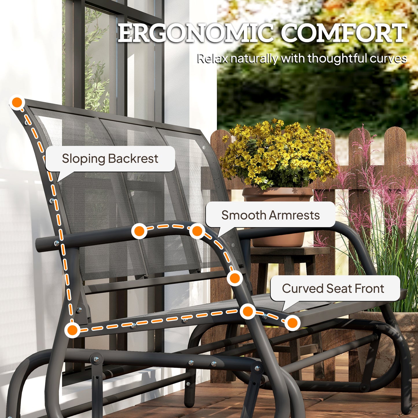 3-Seat Outdoor Glider Chair, Patio Rocking Chair, Steel Frame, Sling Fabric Seat for Garden, Backyard, Lawn, Grey