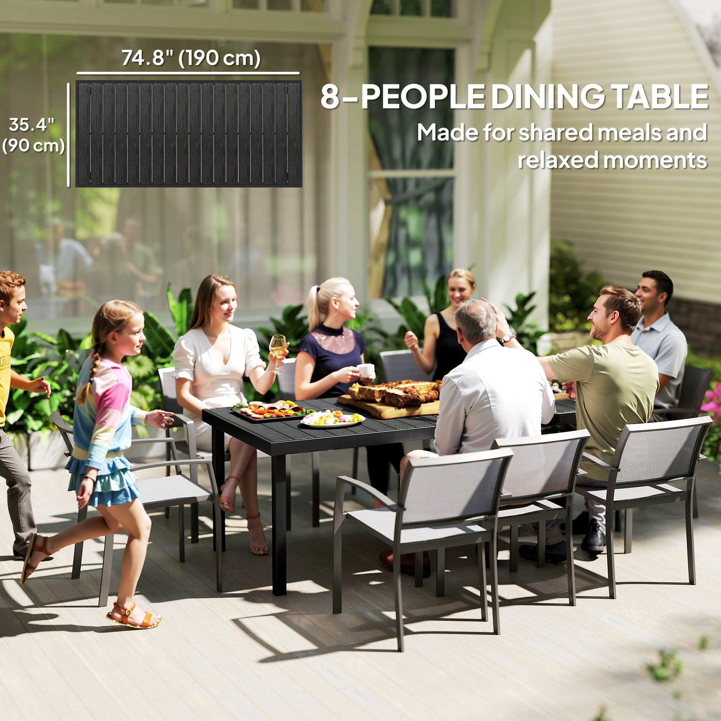 Patio Dining Table for 8, Rectangular Aluminum Outdoor Table for Garden Lawn Backyard, Black