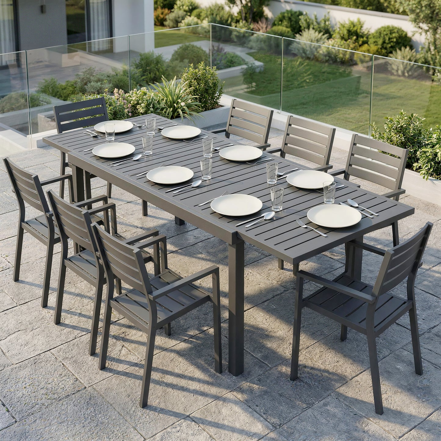 Expandable Outdoor Dining Table for 6-8 People, 59"-89" Aluminum Patio Dining Table with Slatted Top, Dark Grey