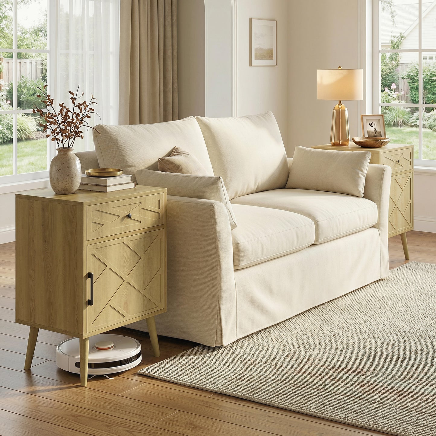 Nightstand Set of 2, Bedside Table Set with Drawer and Cabinet, Side End Table with Storage for Living Room, Oak