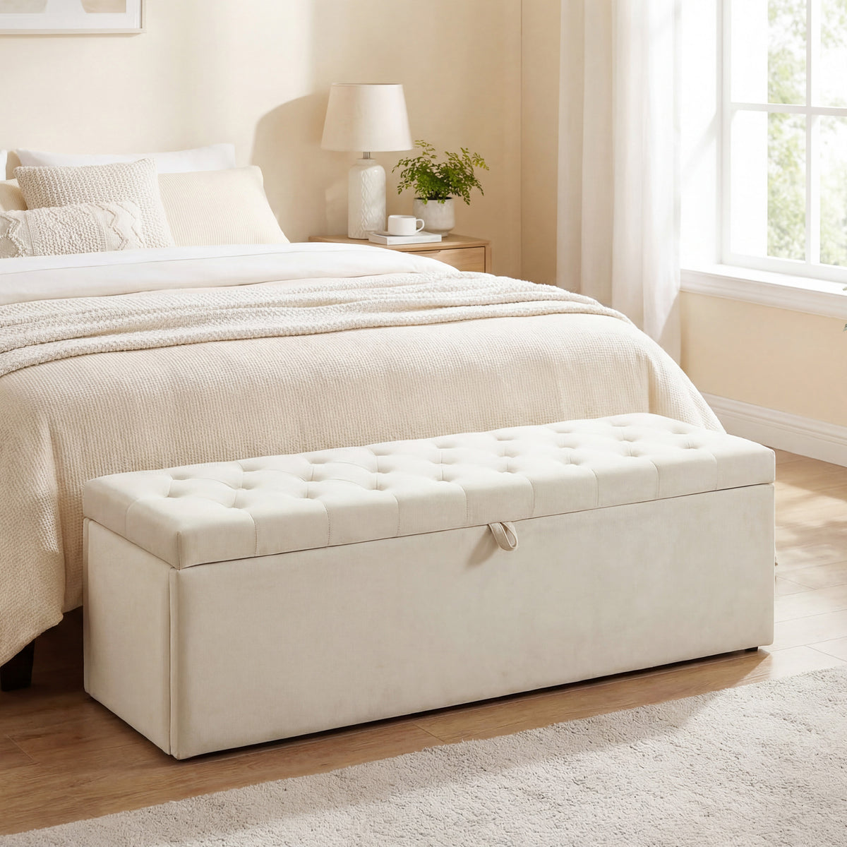 Storage Ottoman, Upholstered Velvet End of Bed Bench, Button Tufted Storage Bench for Bedroom, Living Room, Beige