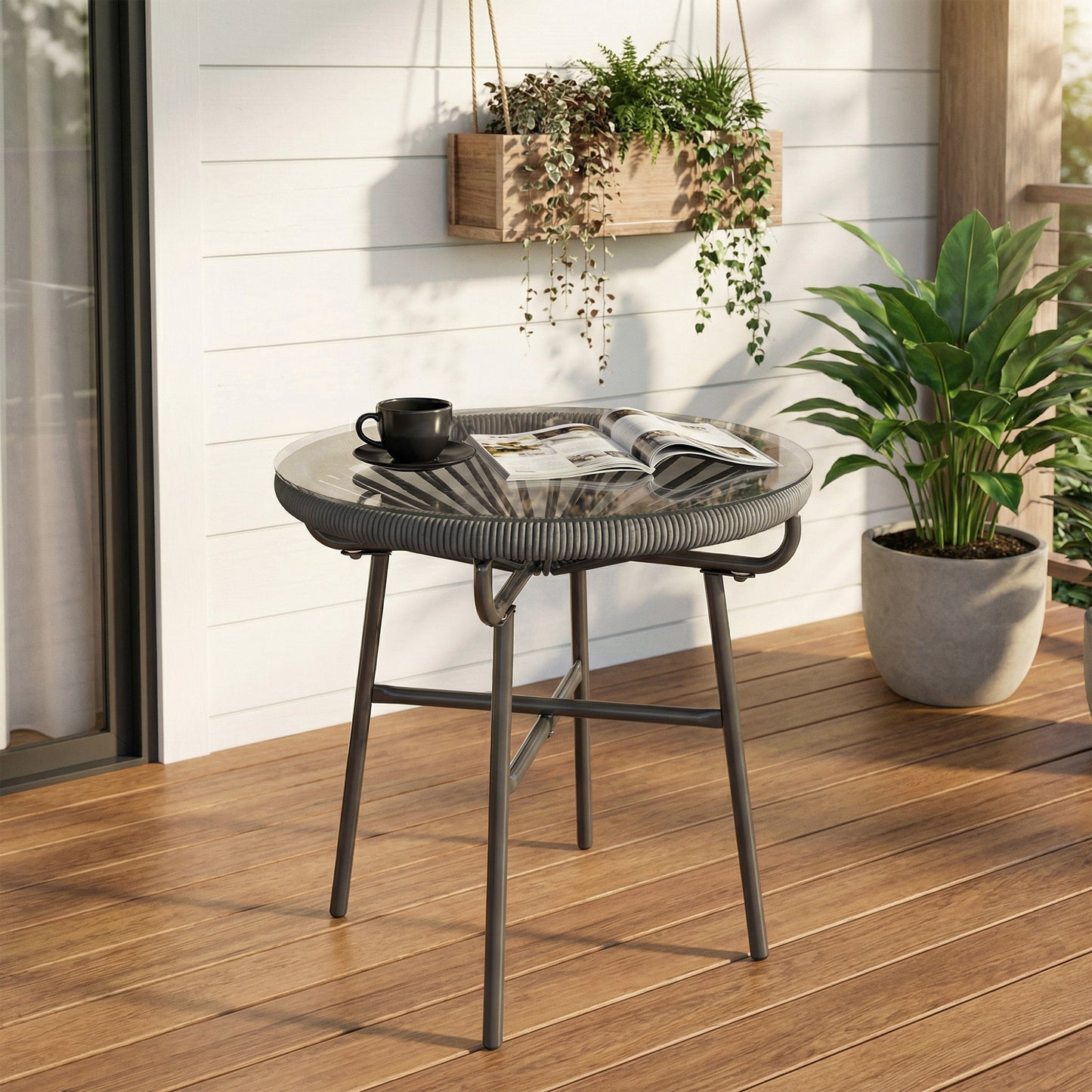 Rattan Side Table, Round Outdoor Table, with Round PE Rattan and Tempered Glass Table Top for Patio, Garden, Dark Grey