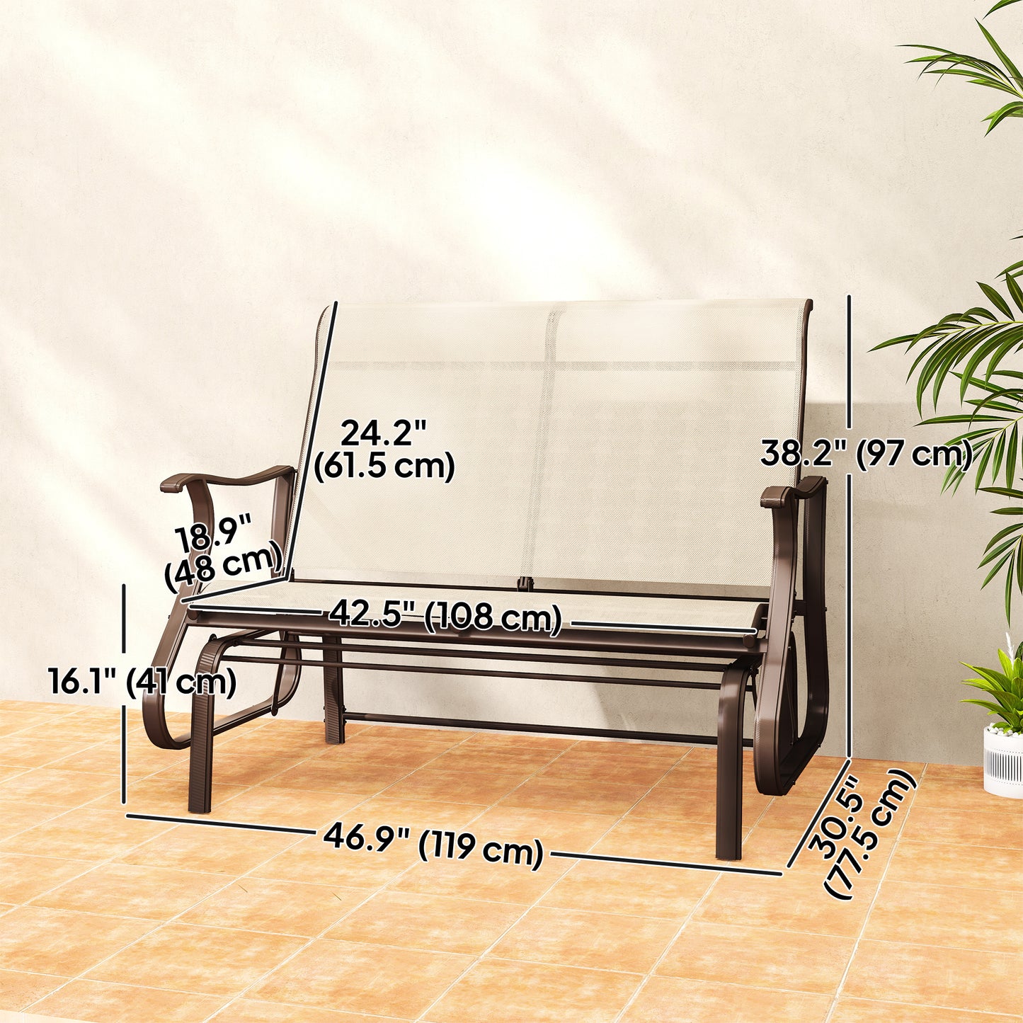 Garden Double Gliding Chair, Patio Glider Armchair for Outdoor, Backyard Mesh Seat and Backrest, Steel Frame, Light Grey