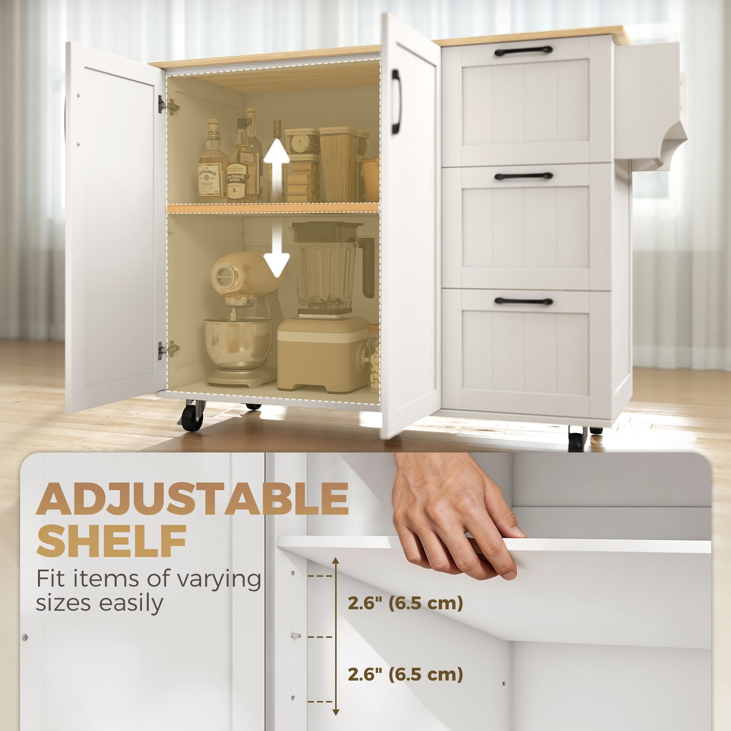 Kitchen Island with Drop Leaf, Rolling Kitchen Cart with Power Outlet, Cabinet, 3 Drawers, Spice Rack, Towel Bar, White