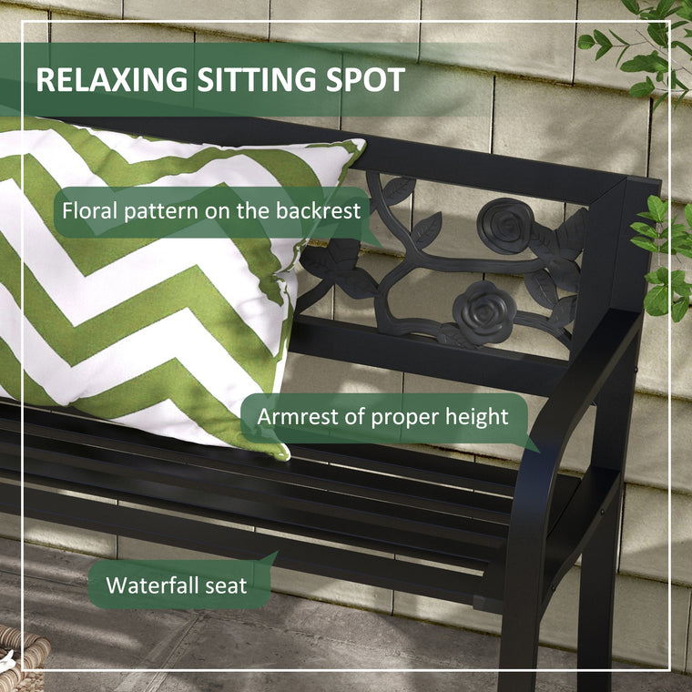 Black Metal Patio Loveseat with Floral Backrest