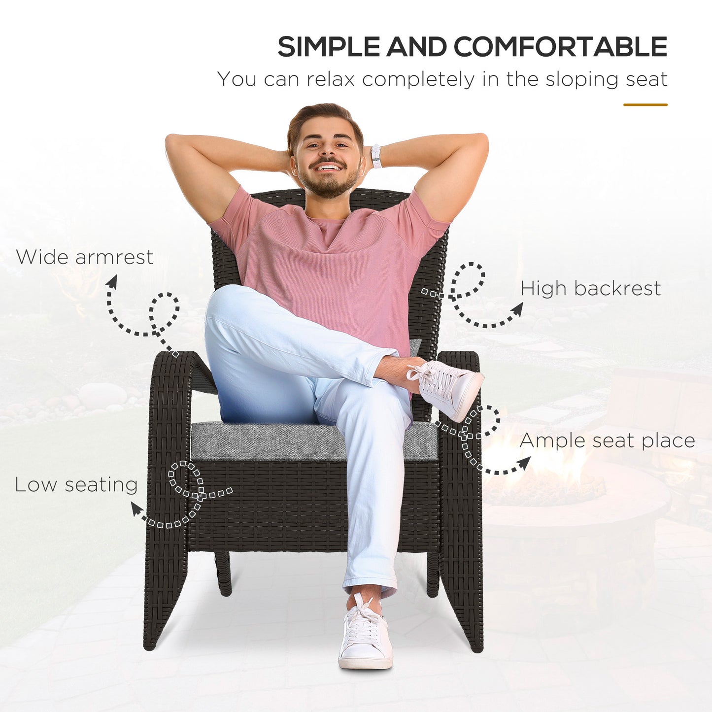 Patio Wicker Adirondack Chair, Outdoor Rattan Muskoka Chair with Cushions for Patio, Garden, Backyard Dark Blue
