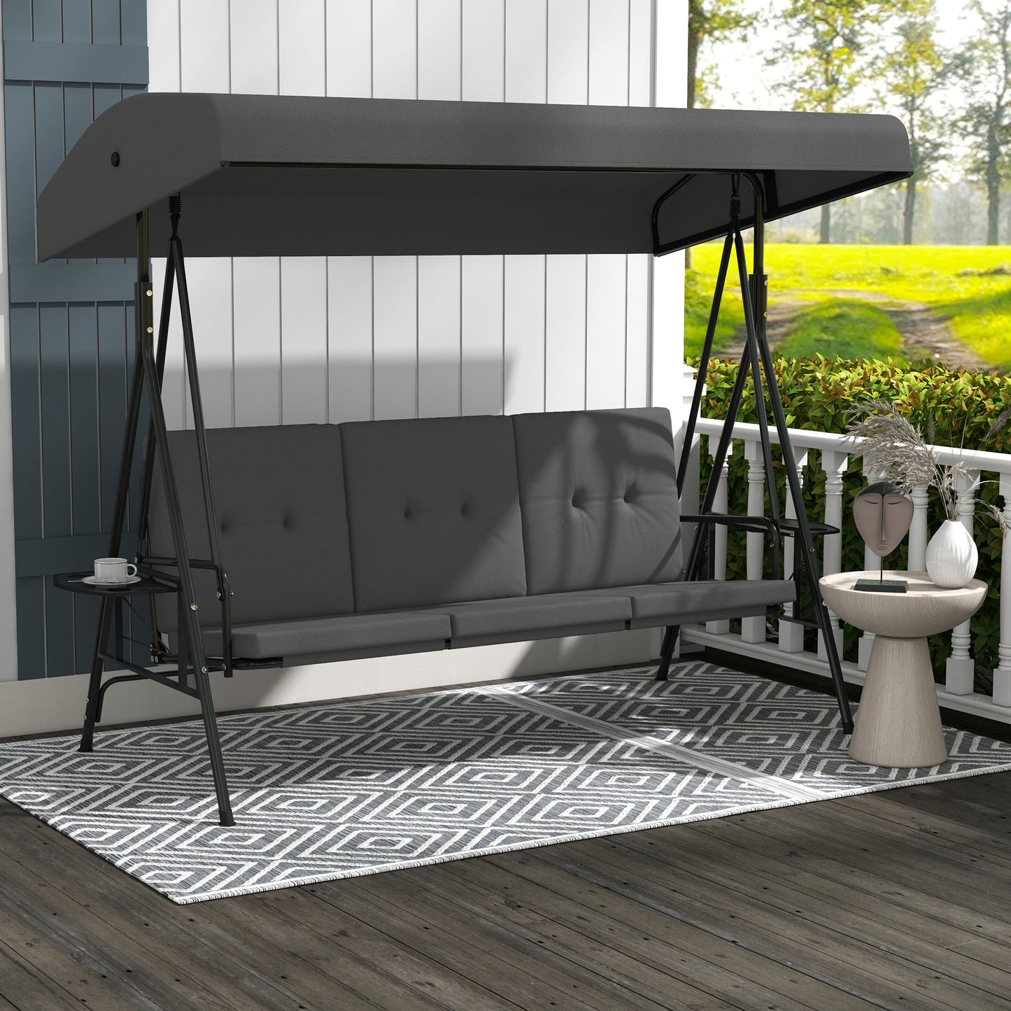 3-Seat Outdoor Porch Swing Patio Swing with Adjustable Canopy, Side Tray, Removable Cushion for Garden, Poolside, Grey - Grey