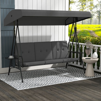3-Seat Outdoor Porch Swing Patio Swing with Adjustable Canopy, Side Tray, Removable Cushion for Garden, Poolside, Grey - Grey