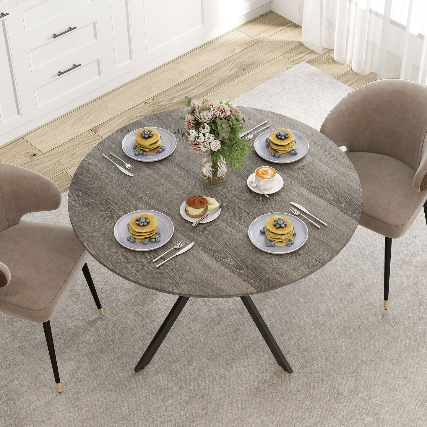 47" Round Kitchen Table for 4, Industrial Dining Table with Steel Legs for Dining Room, Grey Wood Grain and Black