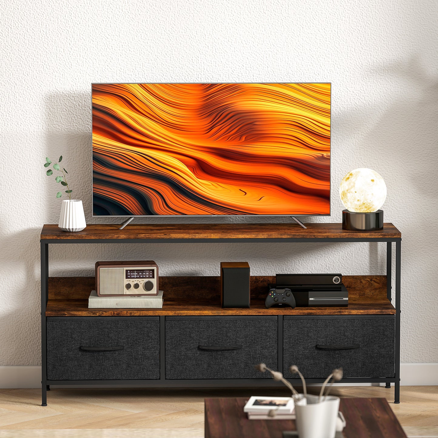 TV Stand with Charging Station, TV Table with 3 Foldable Linen Drawers and Open Shelf for 55 Inch Television, Rustic Brown