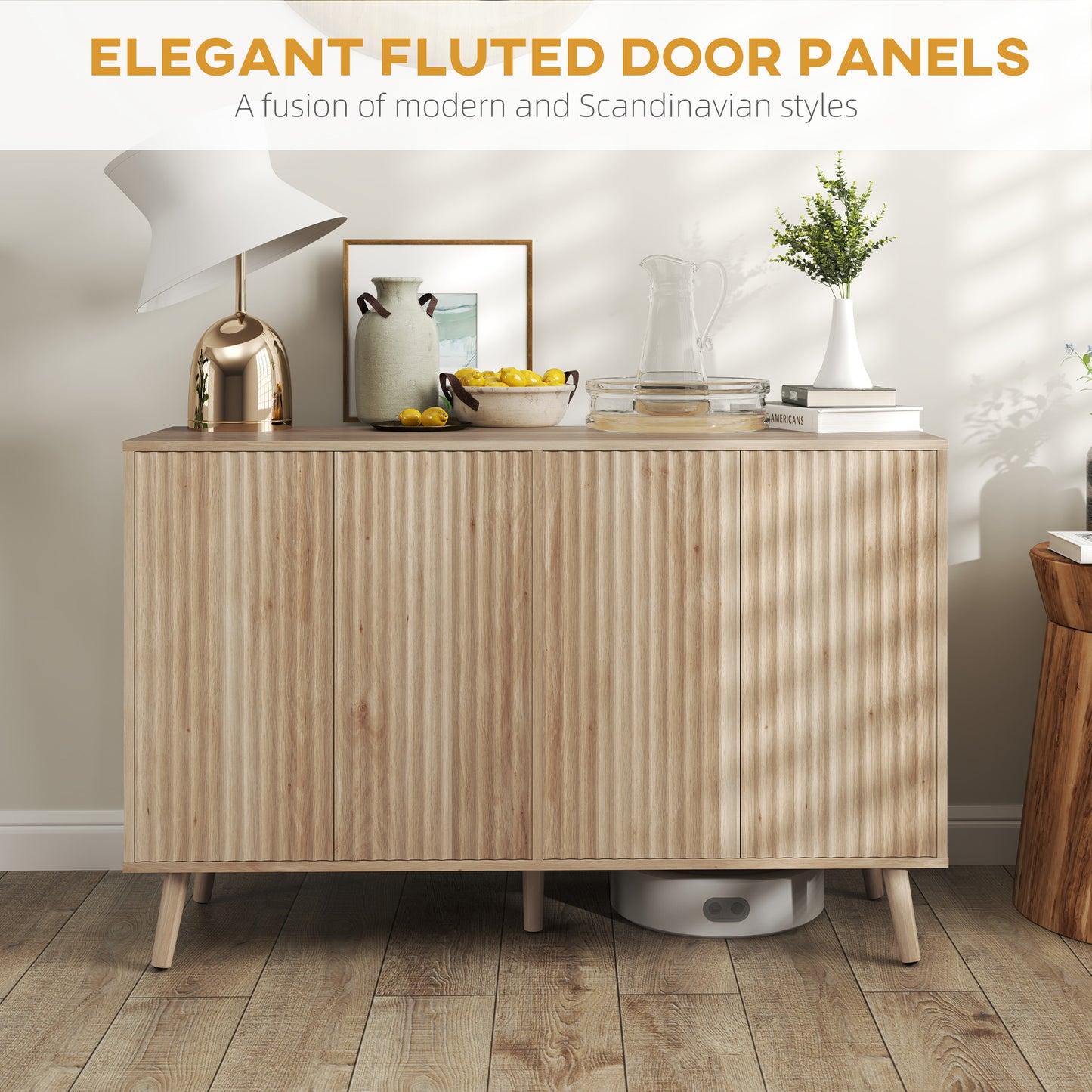 Buffet Cabinet with Storage Modern Fluted Sideboard with Adjustable Shelves Wood Legs for Dining Room Living Room Oak