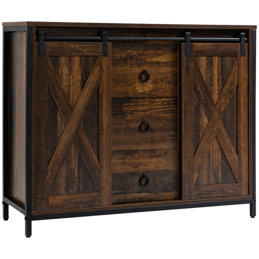 Industrial Buffet with Barn Doors and Drawers - Rustic Brown
