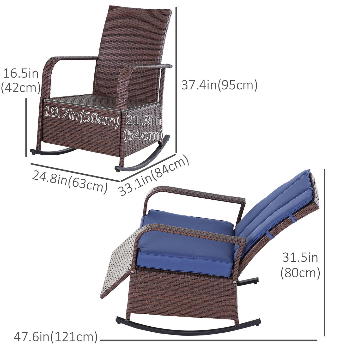 Outdoor Wicker Rocking Chair with Cushion, Patio PE Rattan Recliner Chair with Adjustable Footrest, Armrests, Red