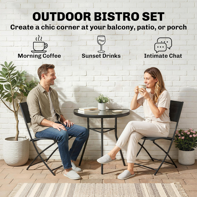 3-Piece Bistro Set with Folding Chairs and Glass Table