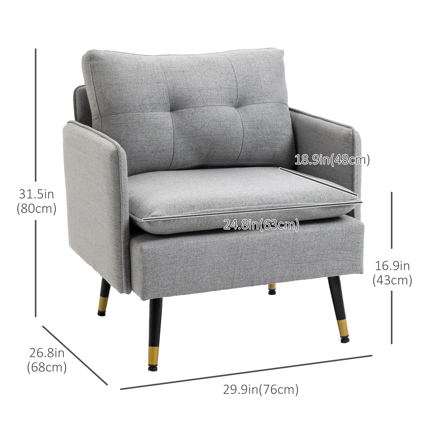Accent Chair, Upholstered Armchair with Tufted Back Cushion and Steel Legs for Living Room, Bedroom, Grey