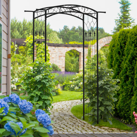 7Ft Outdoor Garden Arbor, Wedding Arch for Ceremony, Trellis with Scrollwork Design, Ideal for Climbing Vines and Plants, Black