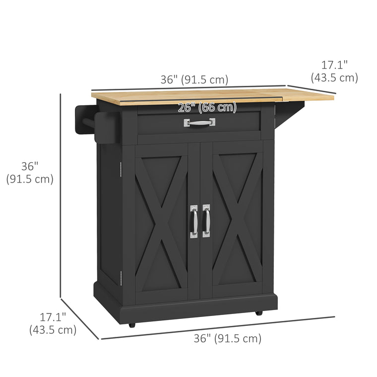 Foldable Rolling Kitchen Island with Drop-Leaf Top - Black