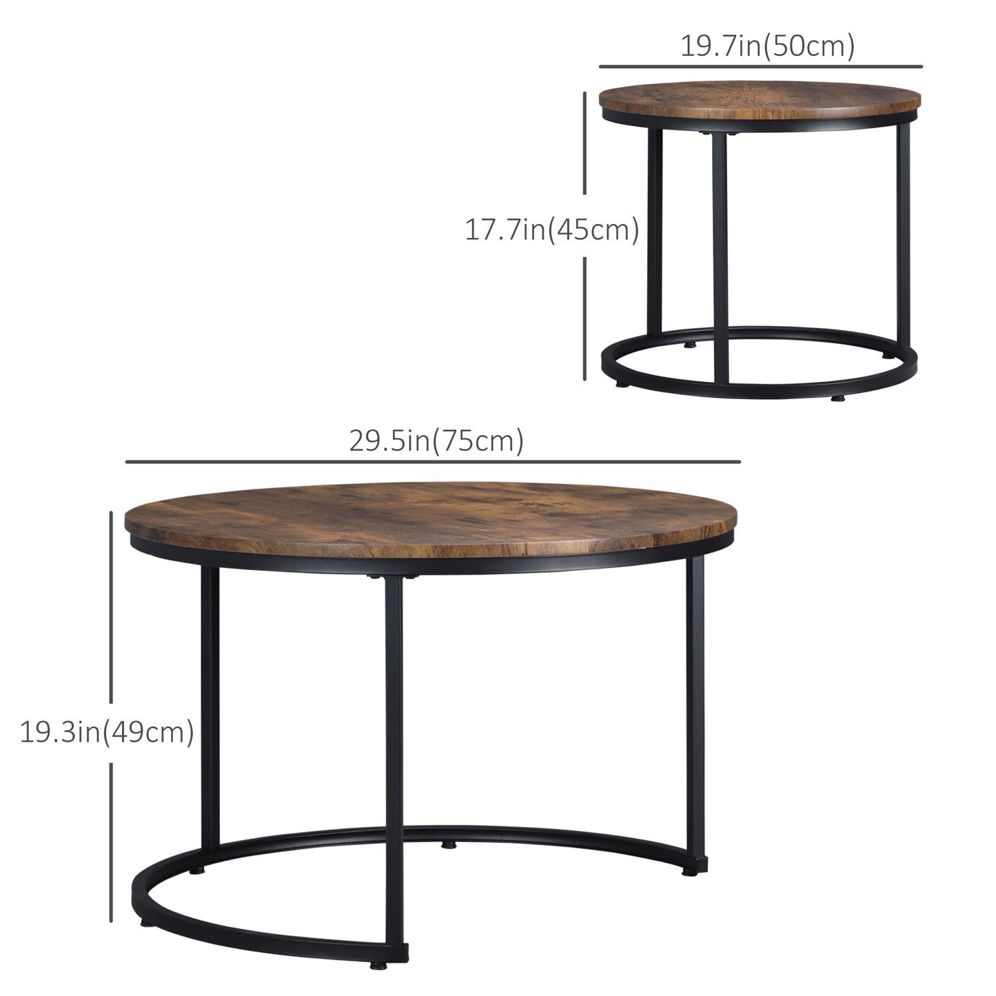 Nesting Tables, 29" Round Coffee Table Set of 2, Modern Side Tables for Living Room with Metal Base, Rustic Brown